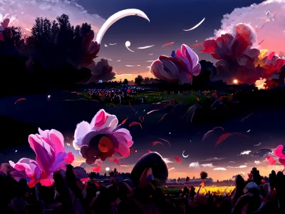 Japanese Artwork of Flowers at Night